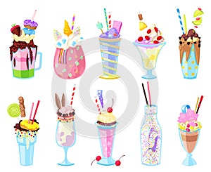 Milkshakes vector healthy ice-cream drink in glass or fresh milk beverage mix in bottle illustration set of icecream