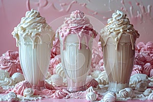 Milkshakes with whipped cream and meringue set against a backdrop of scattered confections