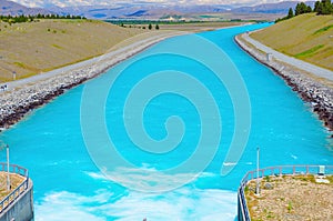 Milky blue river of Pukaki River near Lake Pukaki, New Zealand