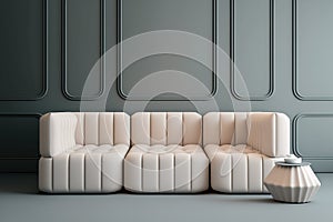 Milky modular sofa against wall. Modern, elegant living room furniture