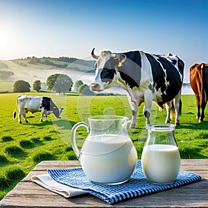 milky morning on dairy glass jug of milk and jar of cream on wooden A