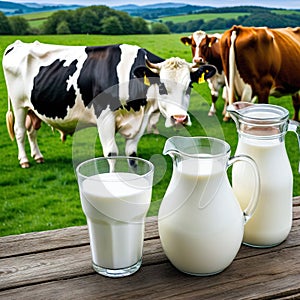 milky morning on dairy glass jug of milk and jar of cream on wooden A