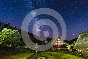 Milky way above Historic Villages of Shirakawa-go and Gokayama, Gifu-ken, Japan