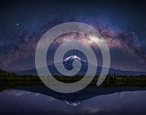 Milky way arch above Mt.Fuji mirroring in lake water