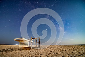 Milky Way core stretching across the night sky over a lifeguard tower on a beach. Long Island NY