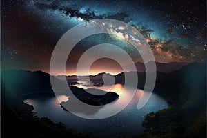 milky way galaxy stars shining in the night over the hills and river - AI generated wallpaper