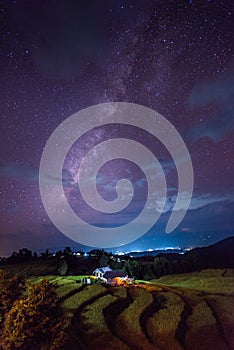 Milky way and little hut on rice fields in terraced at Mae-Jam Village chiang mai ,Thailand