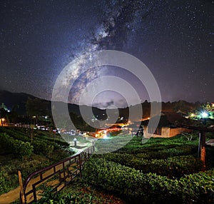 milky way on night sky at Chinese village