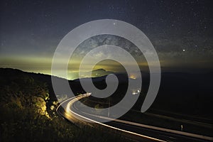 Milky way over the curve road and zodiacal light twilight color long exposure view. Popular travel Mountain Doi Inthanon Road km41 photo