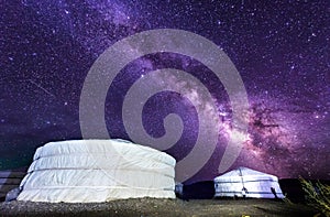 Milky way over ger camp in Mongolia gobi desert