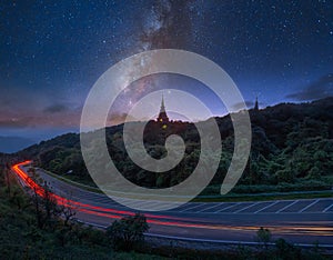 Milky way over the pagoda at doi Inthanon national park , Chiang mai , Thailand