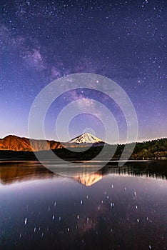 Milky way rising over Fuji mountain at Saiko lake in Japan