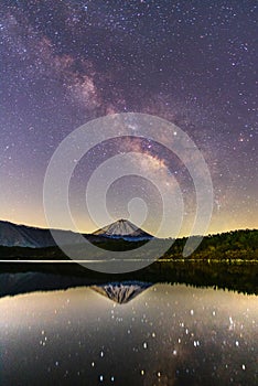 Milky way rising over Fuji mountain at Saiko lake in Japan