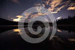 Milky way rising over a lake in the summer