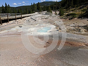 Milky white blue pool next to walkway at Yellowstone National Park