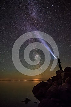 Milkyway and a man with a torchlight photo