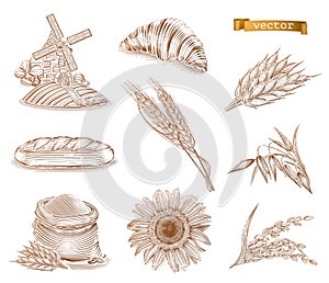 Mill, bread and wheat. Engraving vector icon set