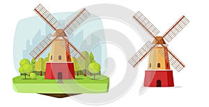 Mill dutch farm vector flour windmill flat graphic design illustration on field and isolated clipart cartoon image, wooden old