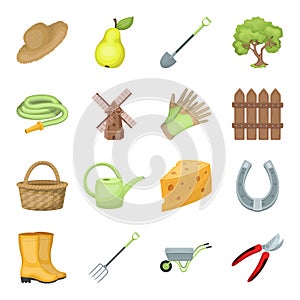 Mill, gloves, fence and other farm equipment. Farm and gardening set collection icons in cartoon style vector symbol