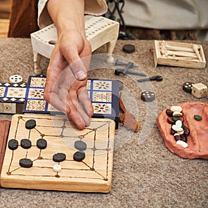 Mill, Kalah and Royal Ur game, popular in ancient Roman. Reconstruction of board games from the Roman Empire