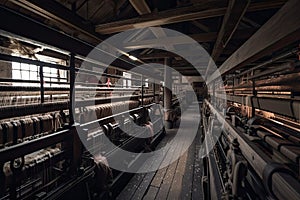 mill, with rows of spinning wheels and weaving looms to produce high-quality fabric