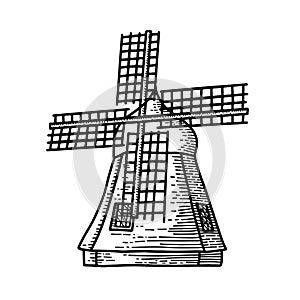 Mill sketch. Hand drawn vintage windmill. Engraved style vector illustration isolated on white background.