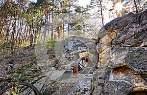 Mill wheels in the rock at the RegensteinmÃ¼hle in Blankenburg in the sandstone rock landscape. Harz National Park. Saxony-Anhalt