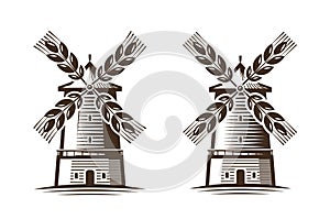 Mlýn větrný mlýn ikona. zemědělství, označení organizace nebo instituce nebo štítek 