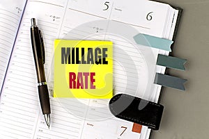 Millage rate concept with a pen on a planner background