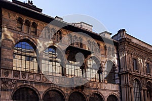 Millan, Italy Loggia degli Osii 1321 Gothic style historical building facade in Piazza Mercanti photo