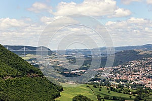Millau Viaduct is multispan cable-stayed bridge across gorge valley of Tarn river. Aveyron