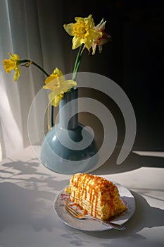 Mille-Feuille Cake slice with Caramel Sauce