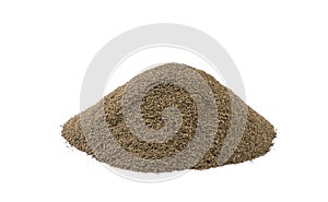 Milled or ground black pepper heap isolated on white background. front view