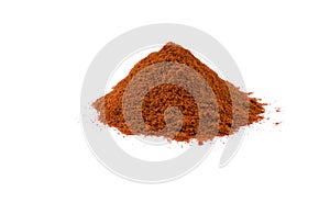 Milled or ground paprika or red pepper heap isolated on white background. front view