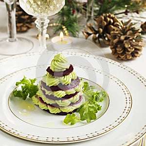 Millefeuille with beetroot and avocado mousse photo