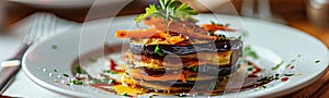 Millefeuille with Eggplants and Carrots on White Restaurant Plate, Fried Sliced Eggplant and Carrot