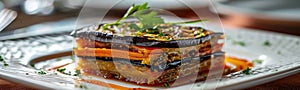 Millefeuille with Eggplants and Carrots on White Restaurant Plate, Fried Sliced Eggplant and Carrot