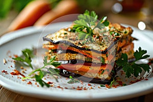 Millefeuille with Eggplants and Carrots on White Restaurant Plate, Fried Sliced Eggplant and Carrot