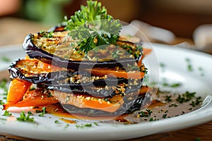 Millefeuille with Eggplants and Carrots on White Restaurant Plate, Fried Sliced Eggplant and Carrot