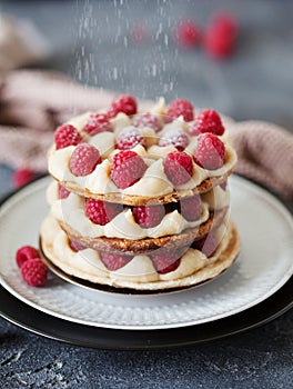 Millefeuille with vanilla cream and raspberry