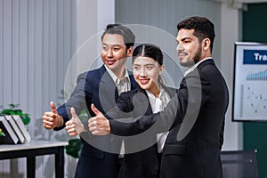 Millennial Asian professional male businessmen female businesswomen employee staff colleagues in formal business suit sitting