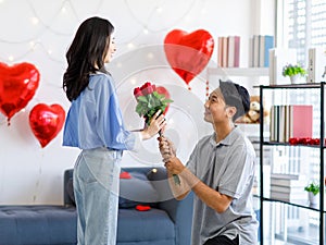 Millennial Asian young romantic lover couple male boyfriend kneel down giving red roses bouquet surprising female girlfriend