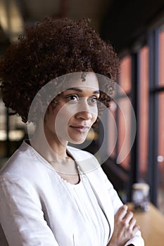 Millennial black businesswoman looking out of the window in an office, waist up, vertical