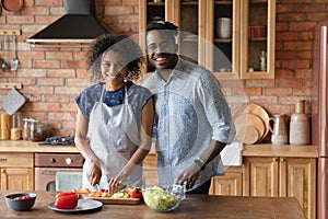 Millennial black couple in love look at camera enjoy cooking