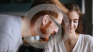 Millennial guy get acquainted talking to pretty girl in cafe