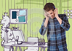 Millennial man on headphones against green hand drawn office