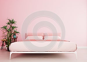 Millennial pink mock up wall with pink bed in modern interior background, bedroom, Scandinavian style, wide close-up