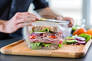 millennial unwrapping sandwich from reusable lunchbox