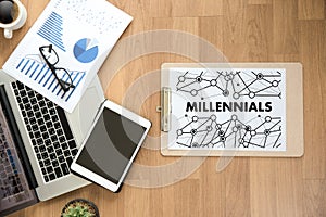 MILLENNIALS CONCEPT Business team hands at work with financial r