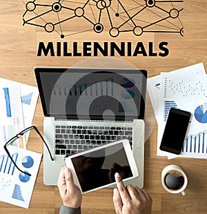 MILLENNIALS CONCEPT Business team hands at work with financial r